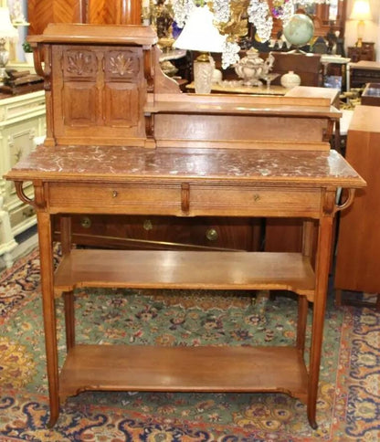 French Antique Oak Art Nouveau Sideboard Server | Marble Top & Shelves