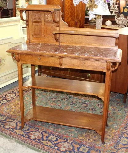 French Antique Oak Art Nouveau Sideboard Server | Marble Top & Shelves
