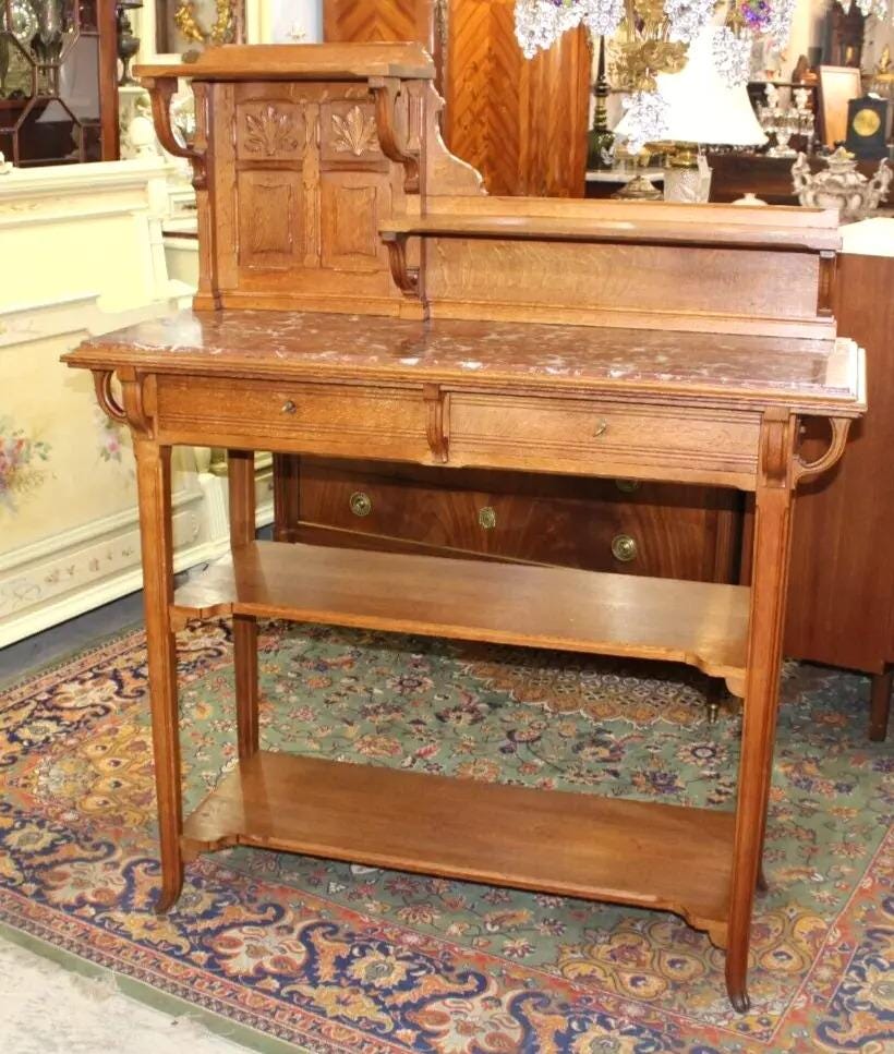 French Antique Oak Art Nouveau Sideboard Server | Marble Top & Shelves