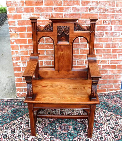 French Antique Pine Gothic Armchair | Carved Medieval Cathedral Style Chair