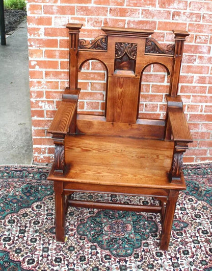 French Antique Pine Gothic Armchair | Carved Medieval Cathedral Style Chair