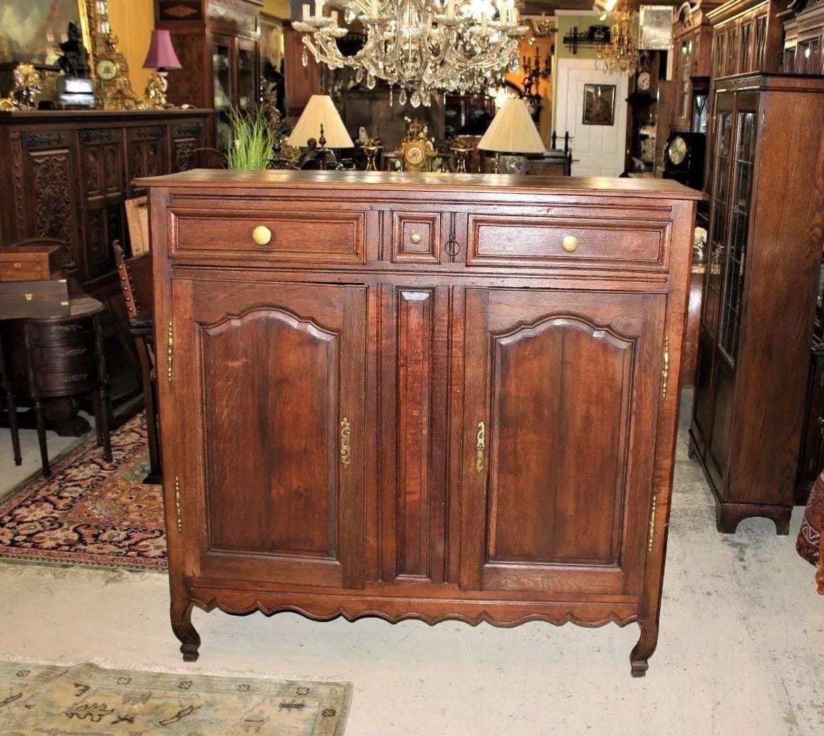 French Antique Oak Tall Sideboard Cabinet | Dining Room Storage Buffet c.1800