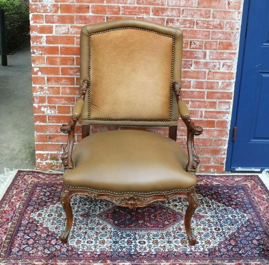 Leather Upholstered Louis XV Armchair Carved Mahogany Living Room Accent