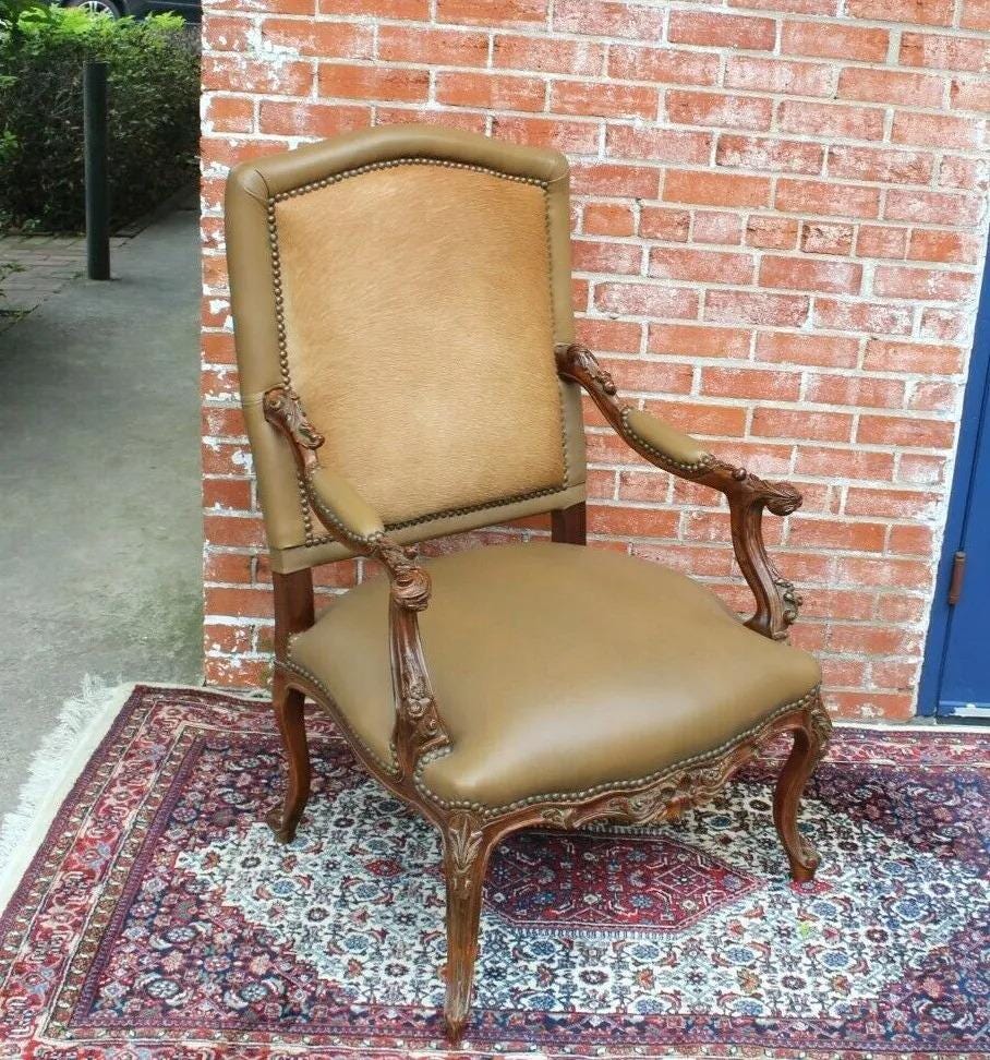 Leather Upholstered Louis XV Armchair Carved Mahogany Living Room Accent