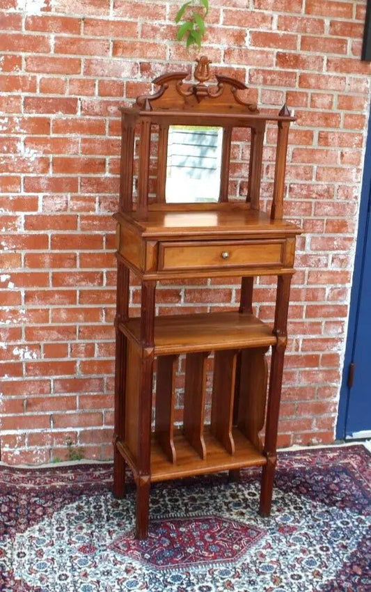 French Antique Walnut Wood Etagere / Record Shelf