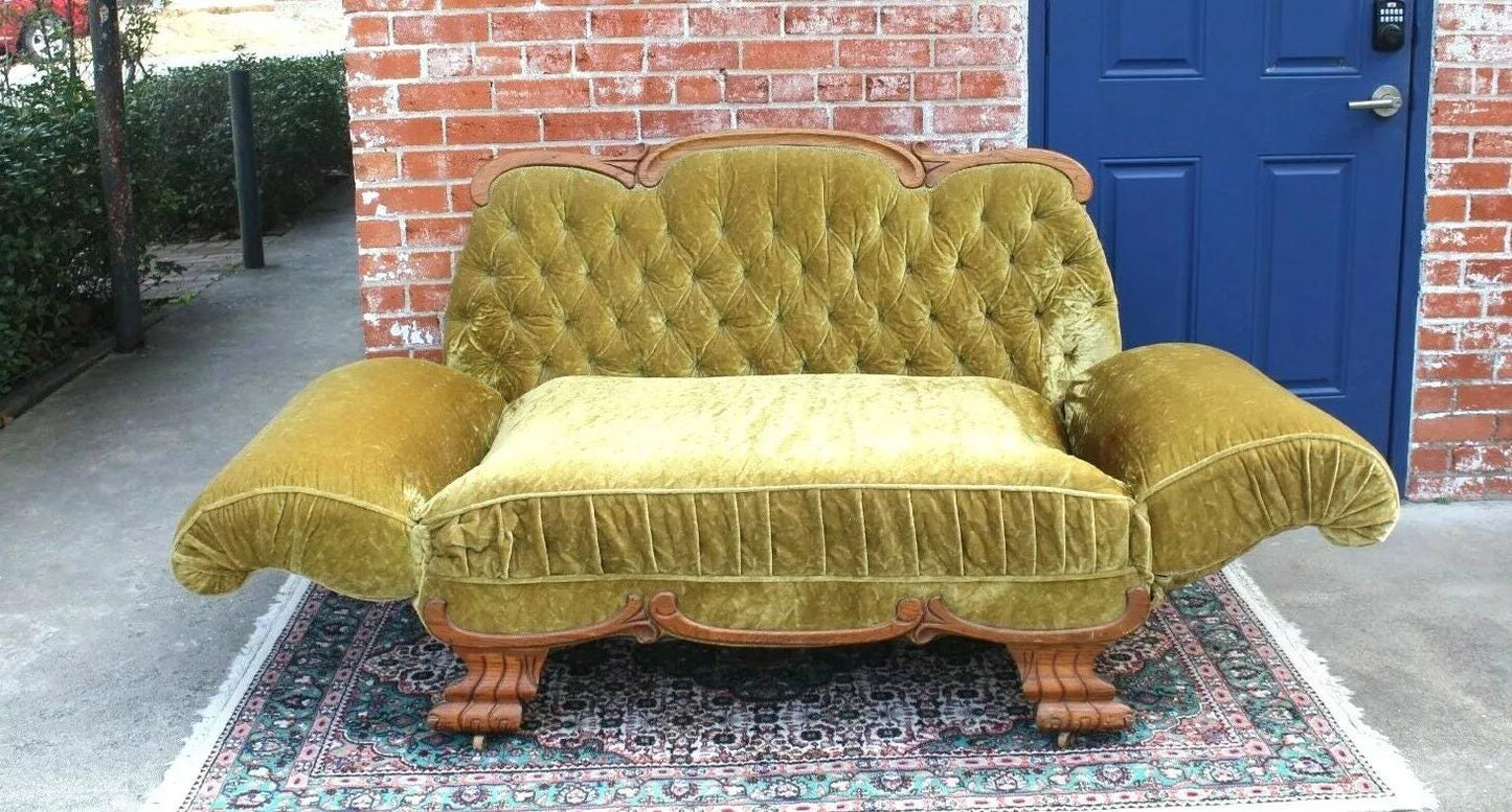 American Antique Oak Bench Sofa Daybed w/ Gold Green Velvet Upholstery