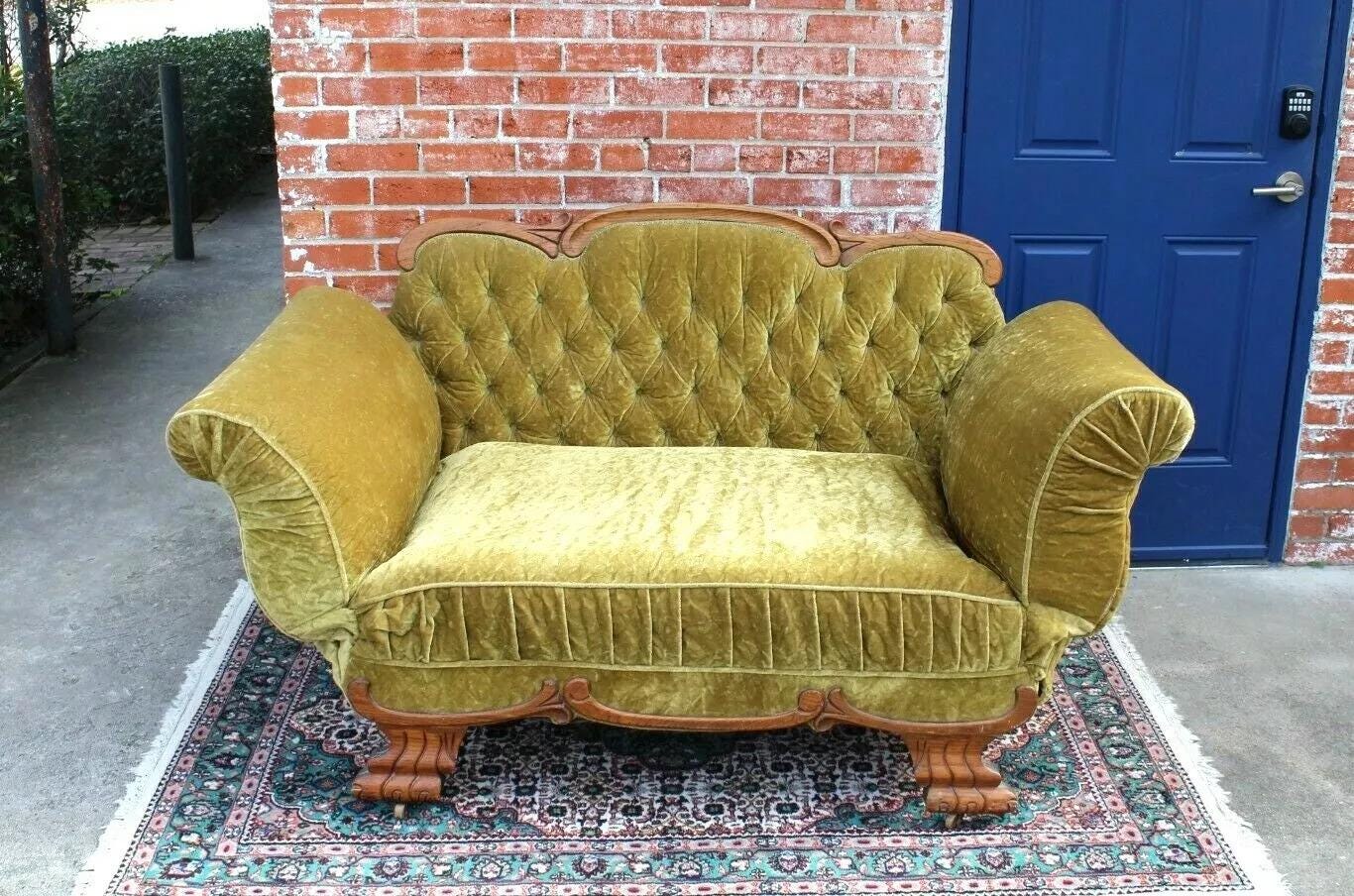American Antique Oak Bench Sofa Daybed w/ Gold Green Velvet Upholstery