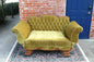 American Antique Oak Bench Sofa Daybed w/ Gold Green Velvet Upholstery