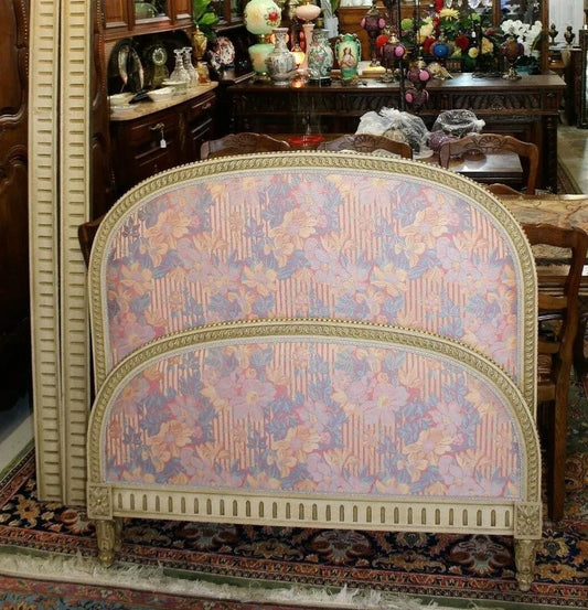 French Antique Louis XVI Painted Daybed | Floral Double Bed c.1880 Upholstered