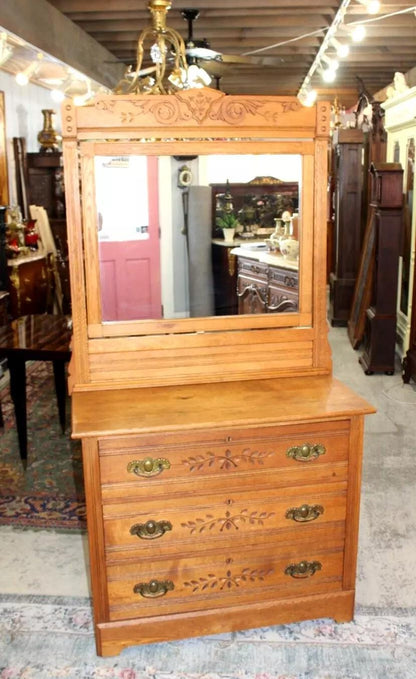 American Antique Oak Eastlake Dresser | 3 Drawer Vanity with Carved Mirror