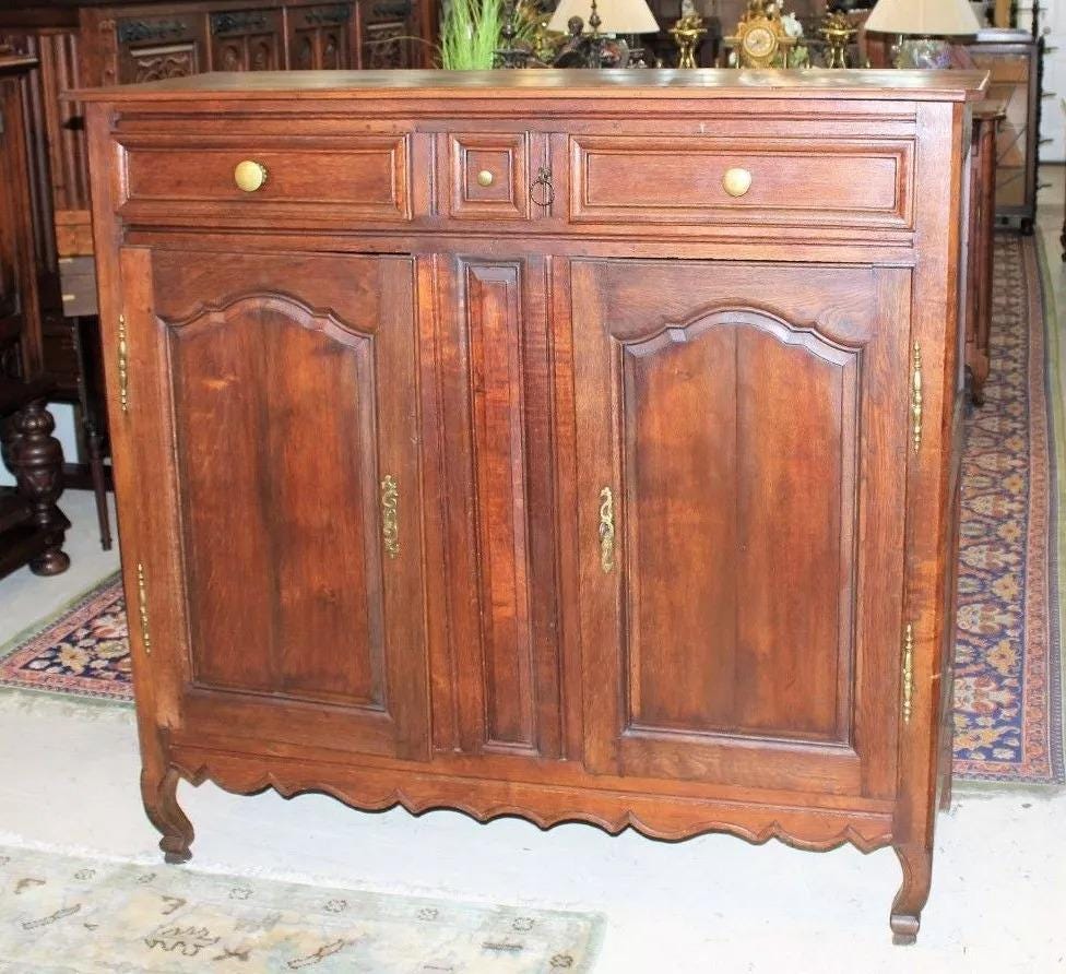 French Antique Oak Tall Sideboard Cabinet | Dining Room Storage Buffet c.1800
