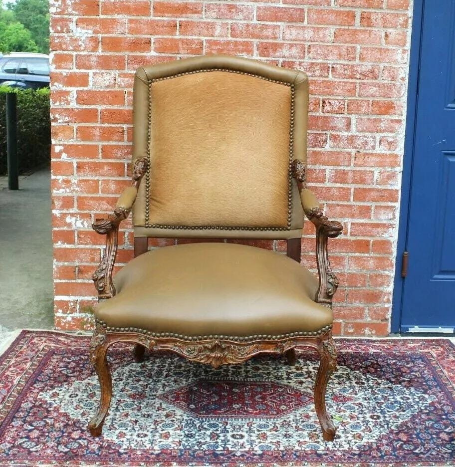 Leather Upholstered Louis XV Armchair Carved Mahogany Living Room Accent