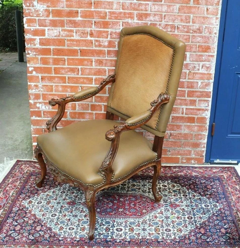 Leather Upholstered Louis XV Armchair Carved Mahogany Living Room Accent