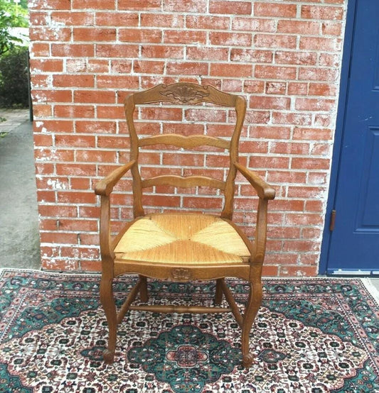 French Antique Louis XV Oak Armchair | Rush Seat Ladder Back Accent Chair