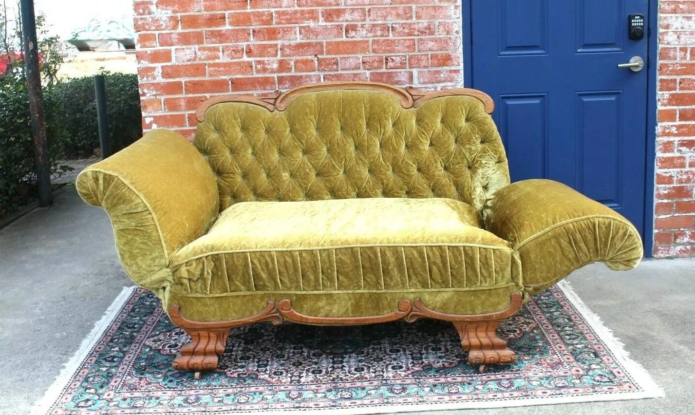 American Antique Oak Bench Sofa Daybed w/ Gold Green Velvet Upholstery