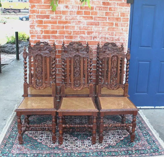 Set of 6 French Antique Louis XIII Oak Dining Chairs w/ Carved Backs & Cane