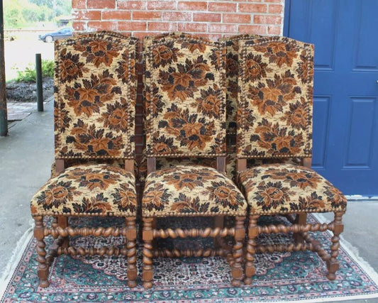 Set of 6 French Antique Louis XIV Walnut Dining Chairs w/ Floral Upholstery