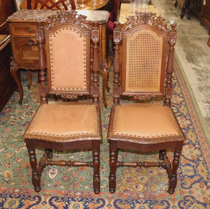 Set of 2 French Antique Renaissance Oak Dining Chairs w/ Leather Upholstery