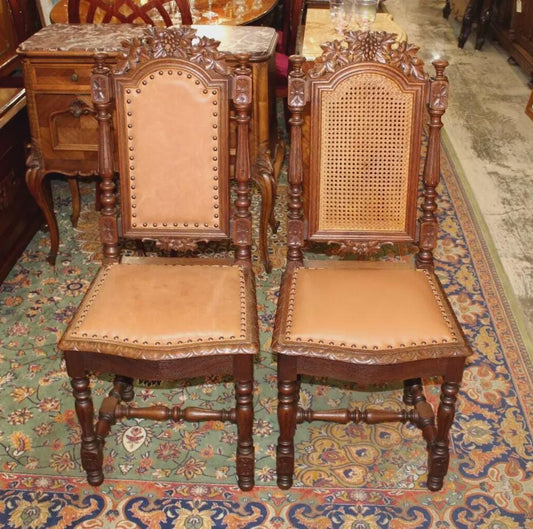 Set of 2 French Antique Renaissance Oak Dining Chairs w/ Leather Upholstery