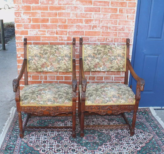 Pair of French Antique Renaissance Walnut Armchairs Upholstered Floral Seats