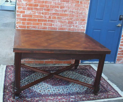 French Antique Dark Oak Louis XV Draw Leaf Dining Table | Parquet Top