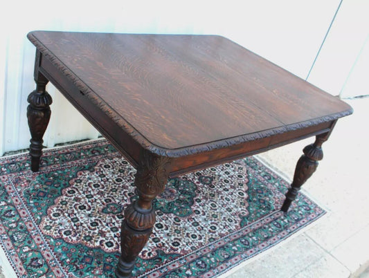 French Antique Tiger Oak Renaissance Dining Table | Carved Legs c.1880