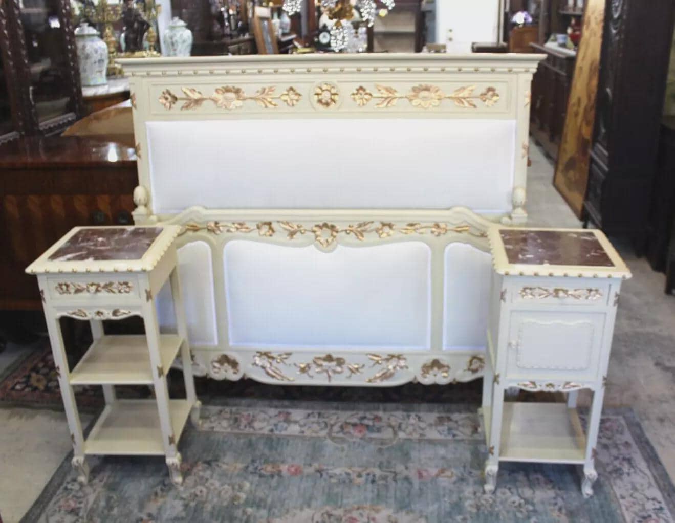 French Antique Louis XV Queen Bedroom Set | Upholstered w/ 2 Nightstands