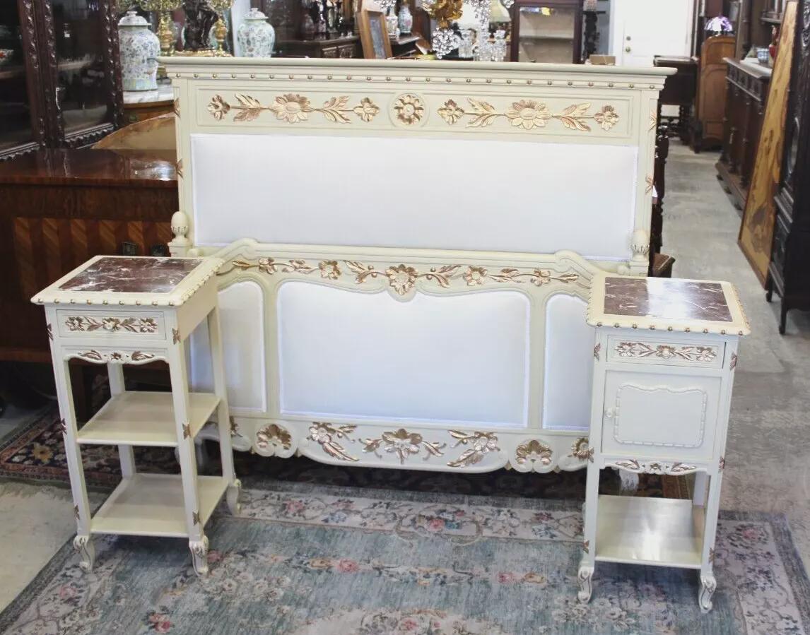 French Antique Louis XV Queen Bedroom Set | Upholstered w/ 2 Nightstands