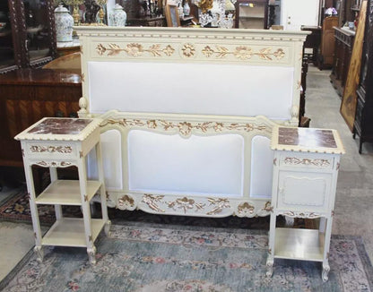 French Antique Louis XV Queen Bedroom Set | Upholstered w/ 2 Nightstands