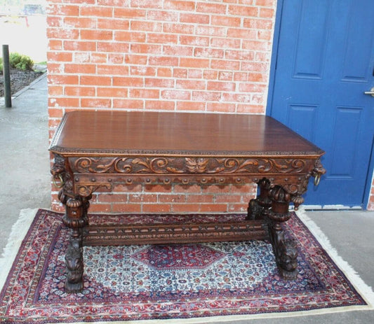 French Antique Renaissance Oak Desk | Carved Writing Table w/ Lion Heads
