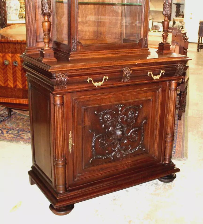 French Antique Walnut Renaissance Buffet Display Cabinet | Glass Shelves