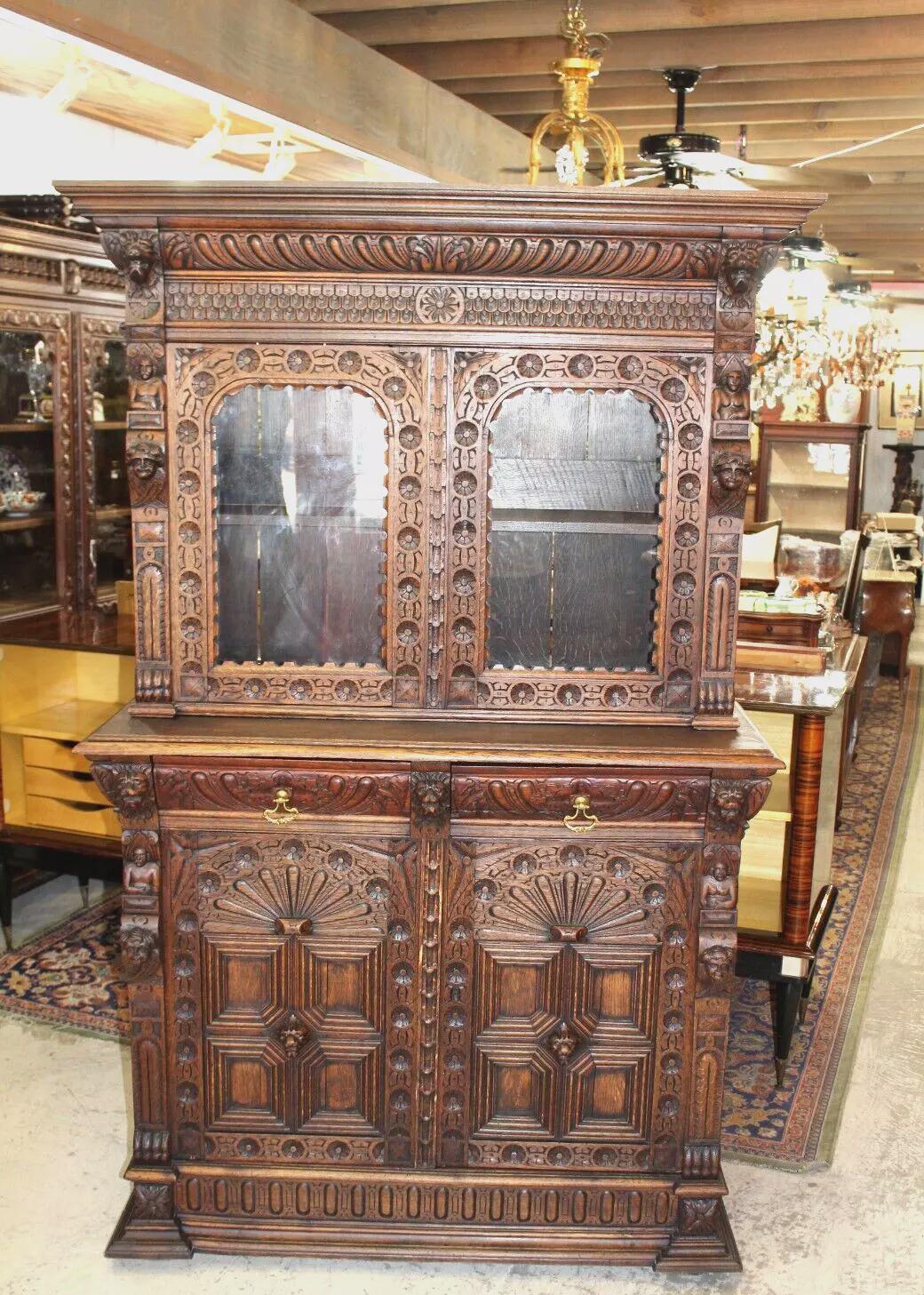 French Antique Oak Renaissance Display Buffet Cabinet | Heavily Carved