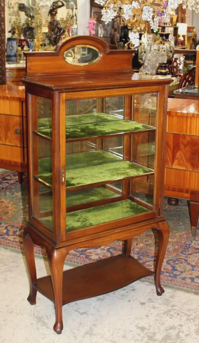 English Antique Mahogany Queen Anne Display Cabinet | Glass Sides & Mirror