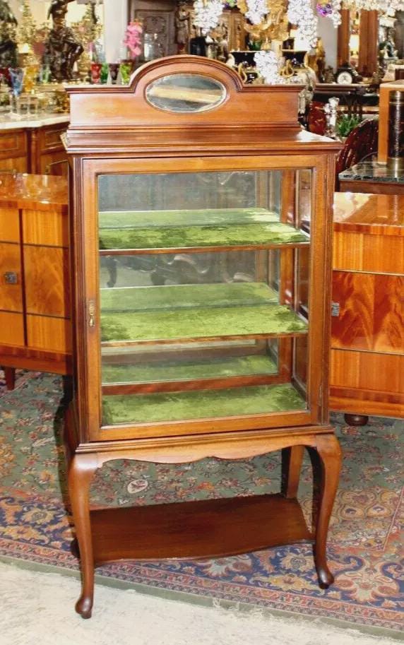 English Antique Mahogany Queen Anne Display Cabinet | Glass Sides & Mirror