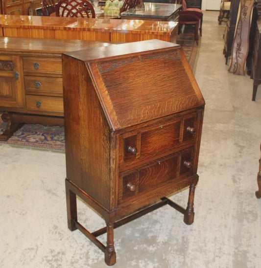 English Antique Tiger Oak Edwardian Drop Front Desk | Compact Writing Bureau