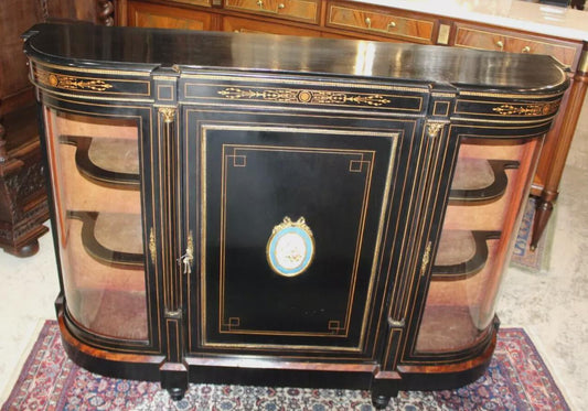 French Antique Louis XVI Black Painted Sideboard Server Display Cabinet