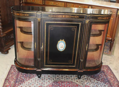 French Antique Louis XVI Black Painted Sideboard Server Display Cabinet