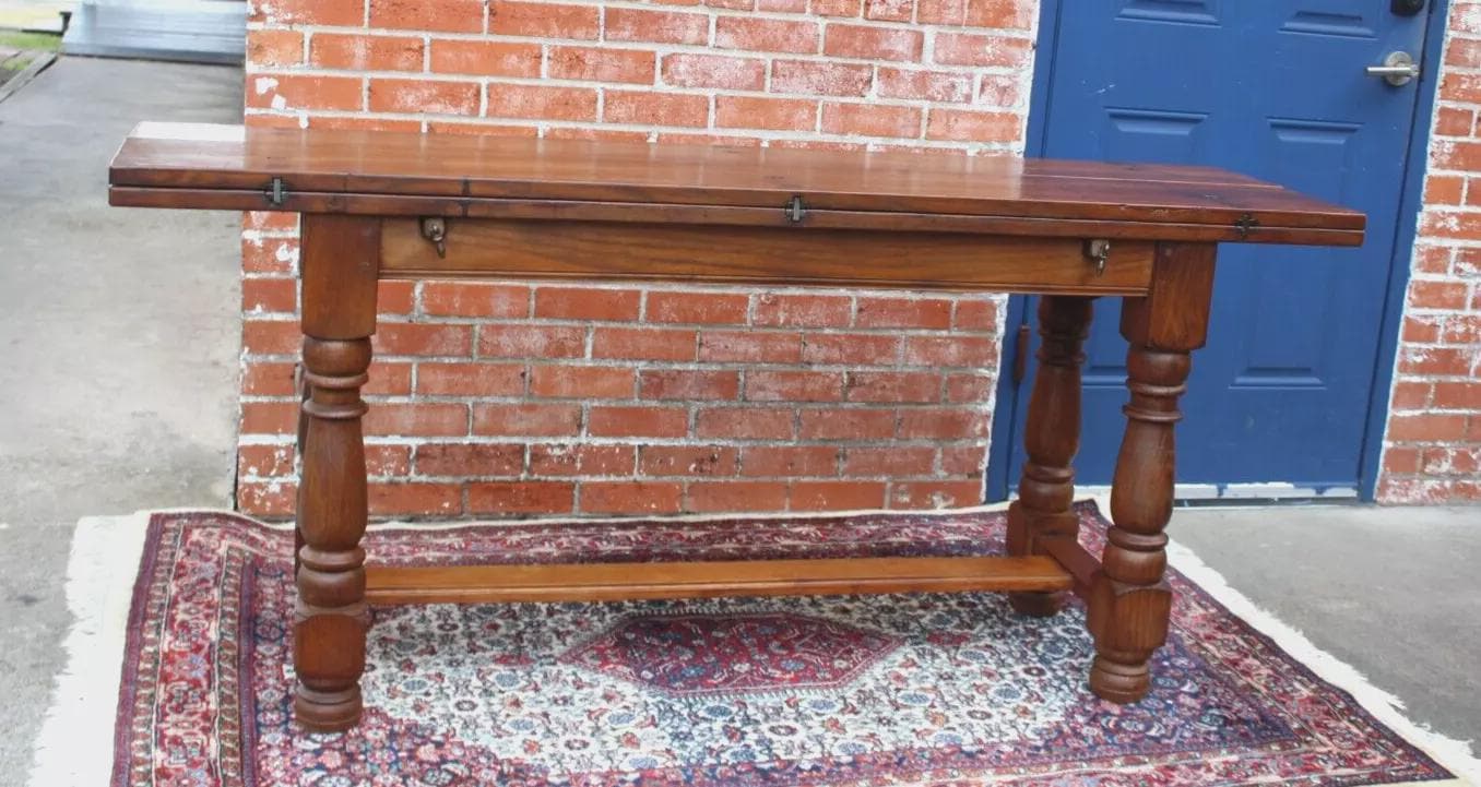 French Antique Oak Trestle Table Dining Console Sofa Table w/ Turned Legs