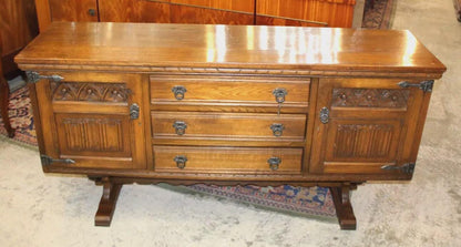 English Antique Oak Sideboard Buffet Bar Cabinet with Carved Doors & Drawers