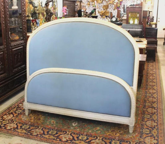 French Antique Louis XVI Upholstered Queen Bed w/ Free New Custom Upholstery