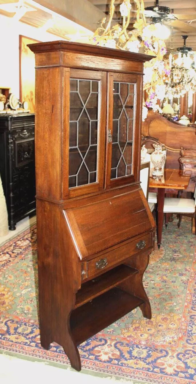 English Oak Arts & Crafts Secretary Desk | Leaded Glass Cabinet Writing Desk