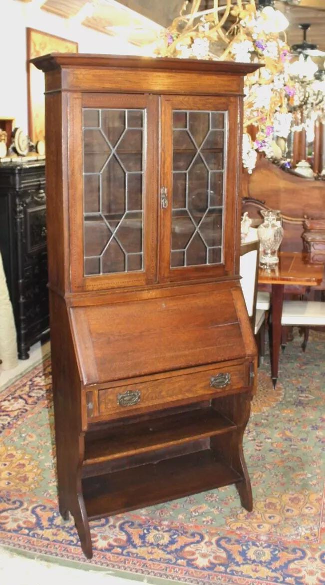 English Oak Arts & Crafts Secretary Desk | Leaded Glass Cabinet Writing Desk
