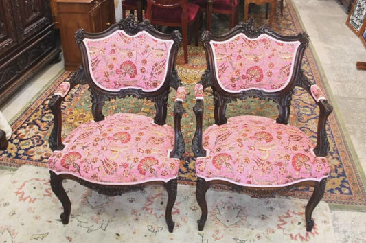 Pair Louis XV Carved Walnut Arm Chairs | Pink Upholstered French Antique Set