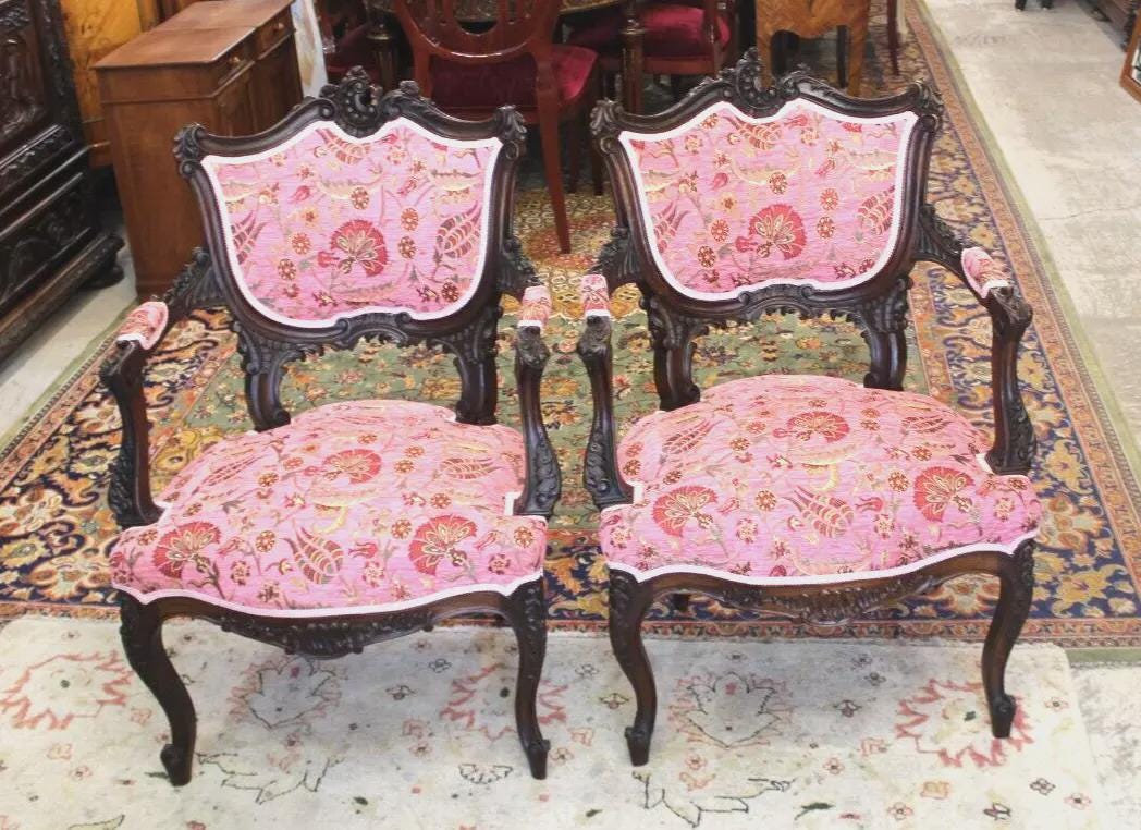 Pair Louis XV Carved Walnut Arm Chairs | Pink Upholstered French Antique Set