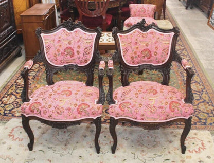 Pair Louis XV Carved Walnut Arm Chairs | Pink Upholstered French Antique Set