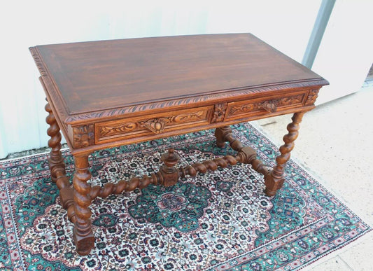 French Antique Oak Louis XIII Desk | Carved Writing Table with Barley Legs