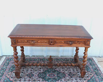 French Antique Oak Louis XIII Desk | Carved Writing Table with Barley Legs