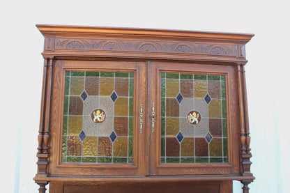 French Antique Oak Renaissance Hutch | Buffet w/ Stained Glass Cabinet Doors