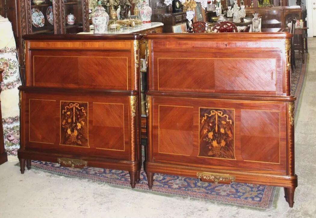Pair French Louis XVI Inlaid Twin Beds | Antique Mahogany Brass Mounts