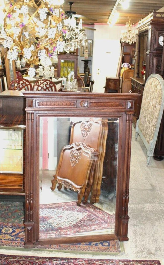 French Antique Louis XVI Mirror | Dark Oak Wood Wall Mirror with Carving